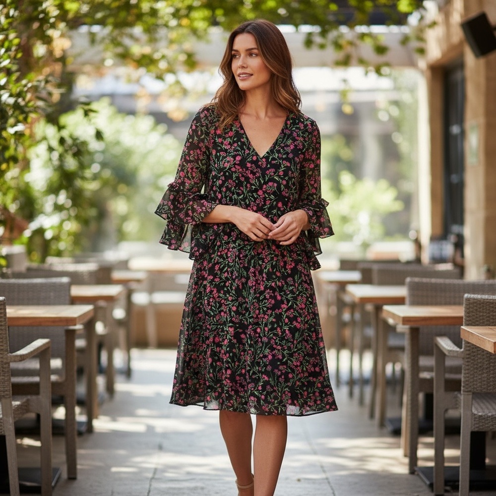 Calvin Klein Floral Long Sleeve Dress - Black and Pink
